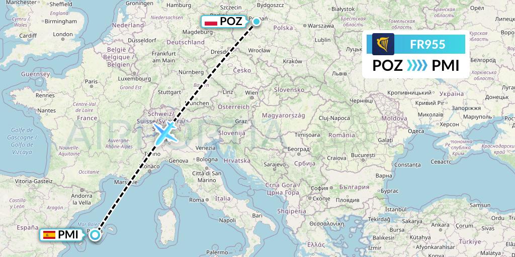 FR955 Ryanair Flight Map: Poznan to Palma de Mallorca