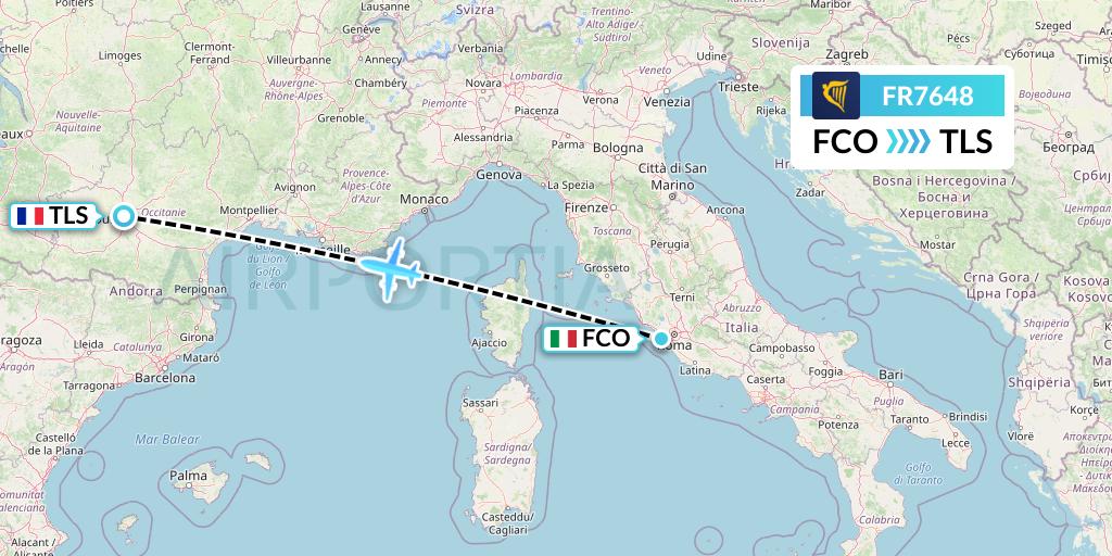 FR7648 Ryanair Flight Map: Rome to Toulouse