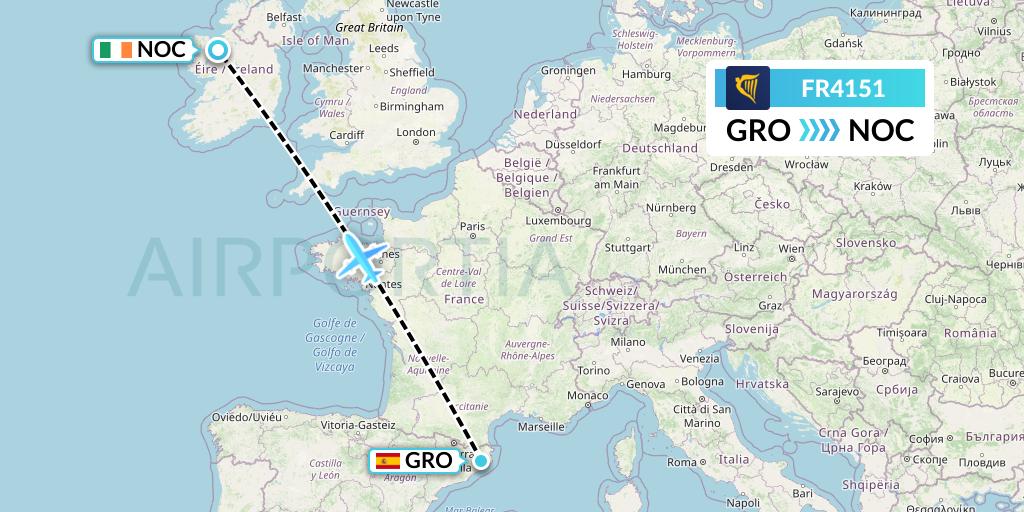 FR4151 Ryanair Flight Map: Girona to Knock