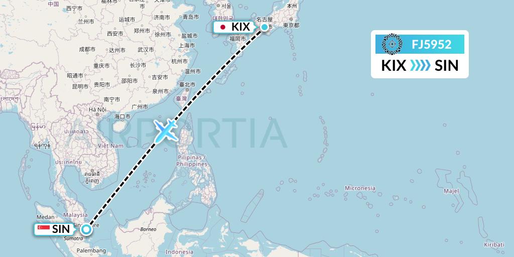 FJ5952 Fiji Airways Flight Map: Osaka to Singapore