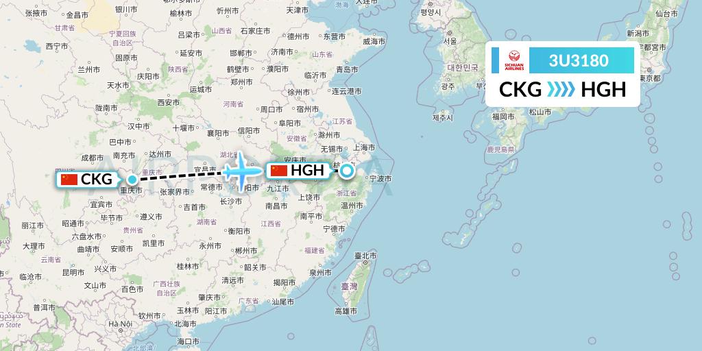 3U3180 Sichuan Airlines Flight Map: Chongqing to Hangzhou