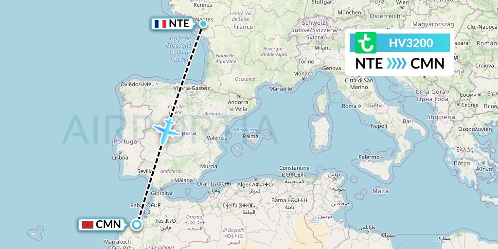 HV3200 Transavia Flight Map: Nantes to Casablanca