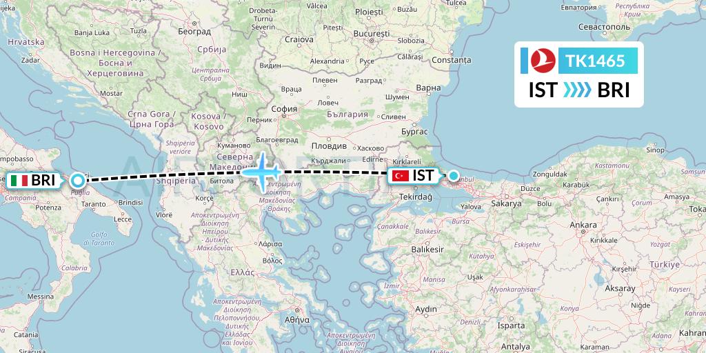 TK1465 Turkish Airlines Flight Map: Istanbul to Bari