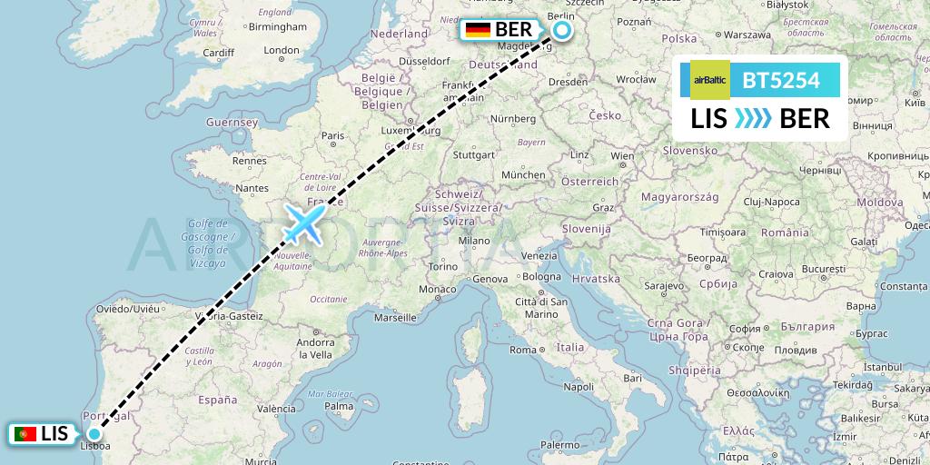 BT5254 Air Baltic Flight Map: Lisbon to Berlin