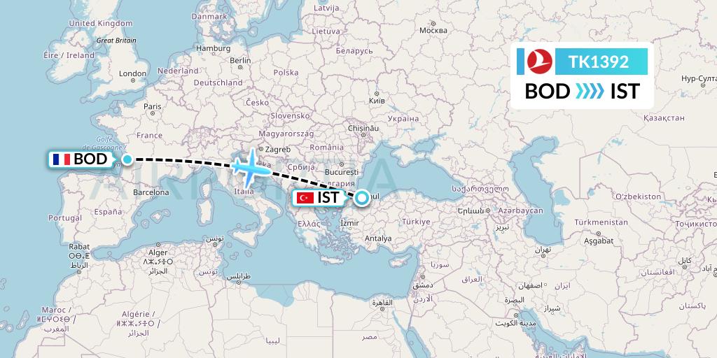 TK1392 Turkish Airlines Flight Map: Bordeaux to Istanbul