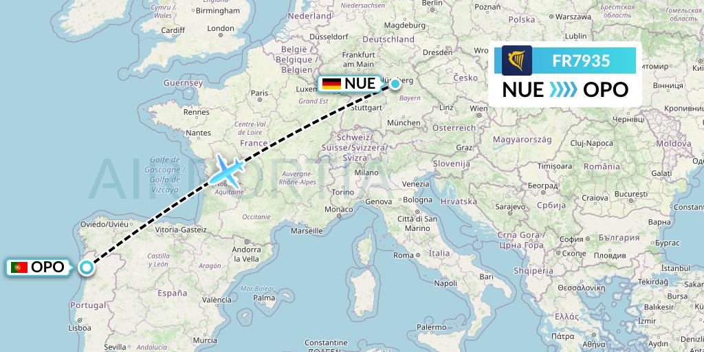FR7935 Ryanair Flight Map: Nurnberg to Porto