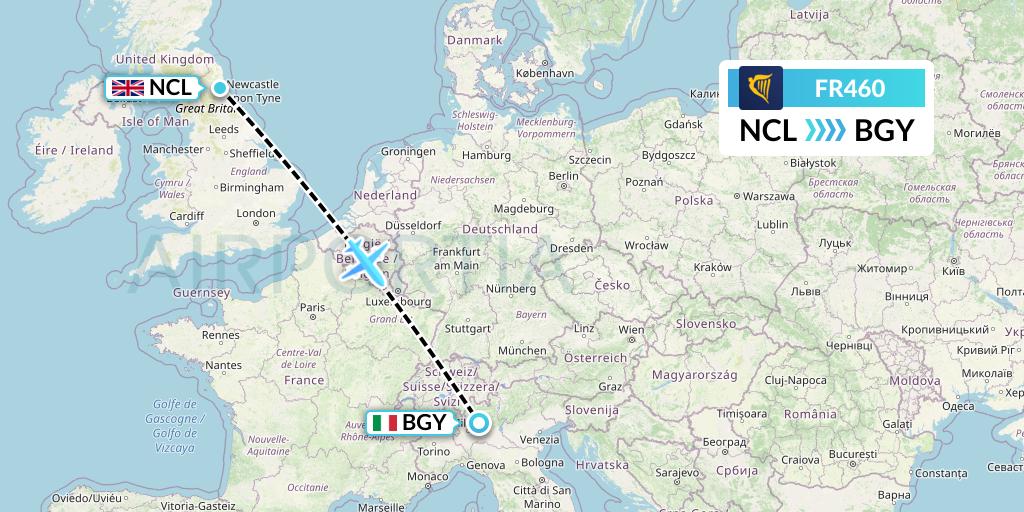 FR460 Ryanair Flight Map: Newcastle to Milan