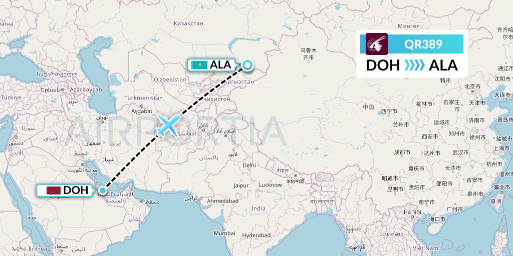 QR389 Qatar Airways Flight Map: Doha to Almaty