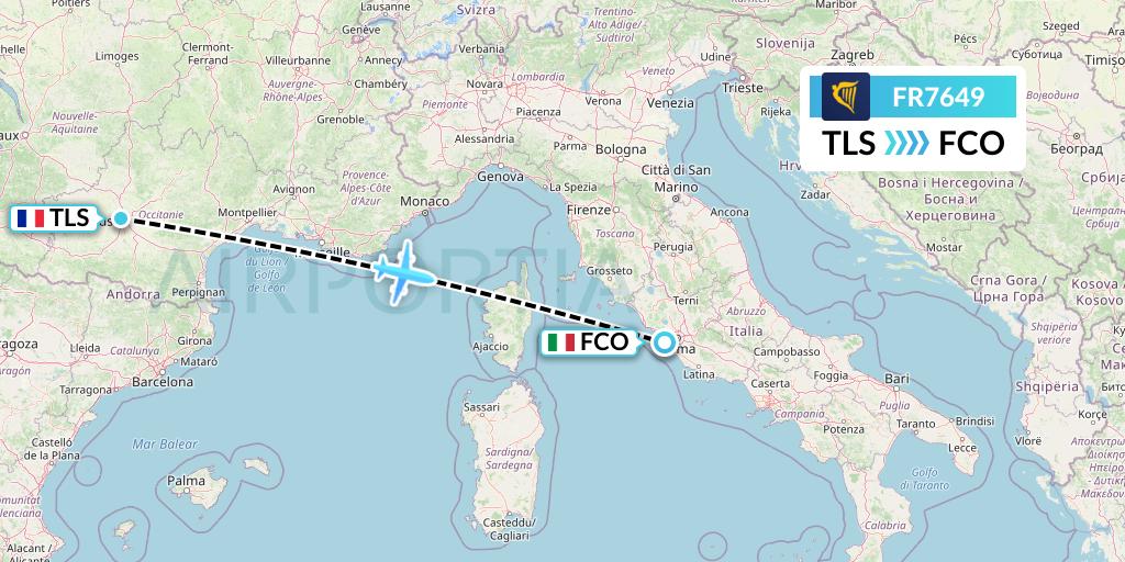 FR7649 Ryanair Flight Map: Toulouse to Rome