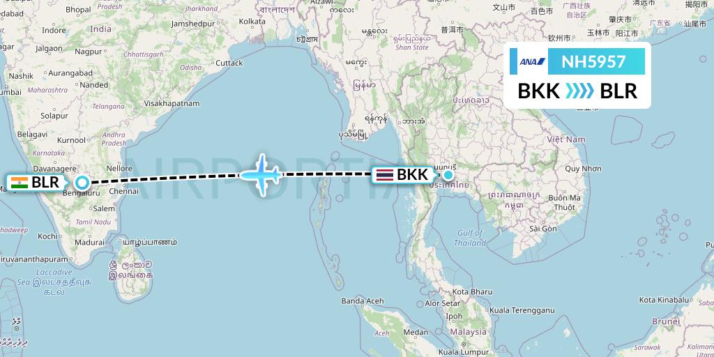 NH5957 All Nippon Airways Flight Map: Bangkok to Bangalore