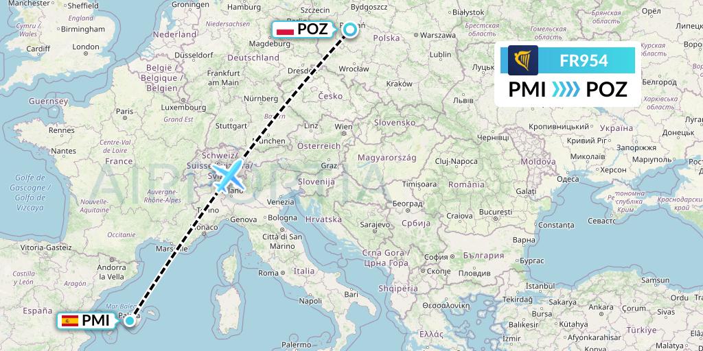 FR954 Ryanair Flight Map: Palma de Mallorca to Poznan