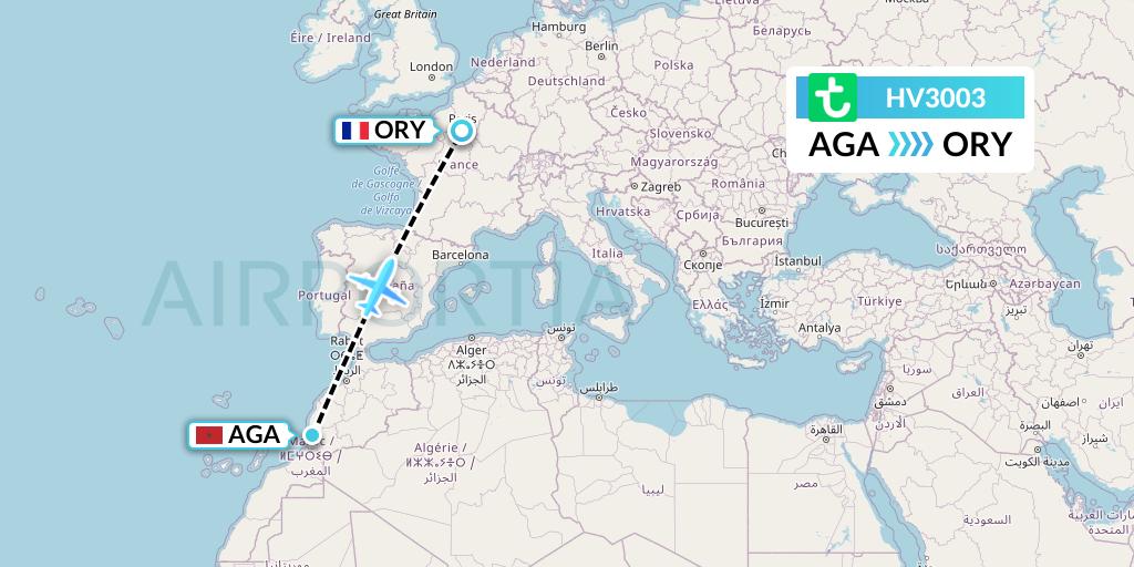 HV3003 Transavia Flight Map: Agadir to Paris