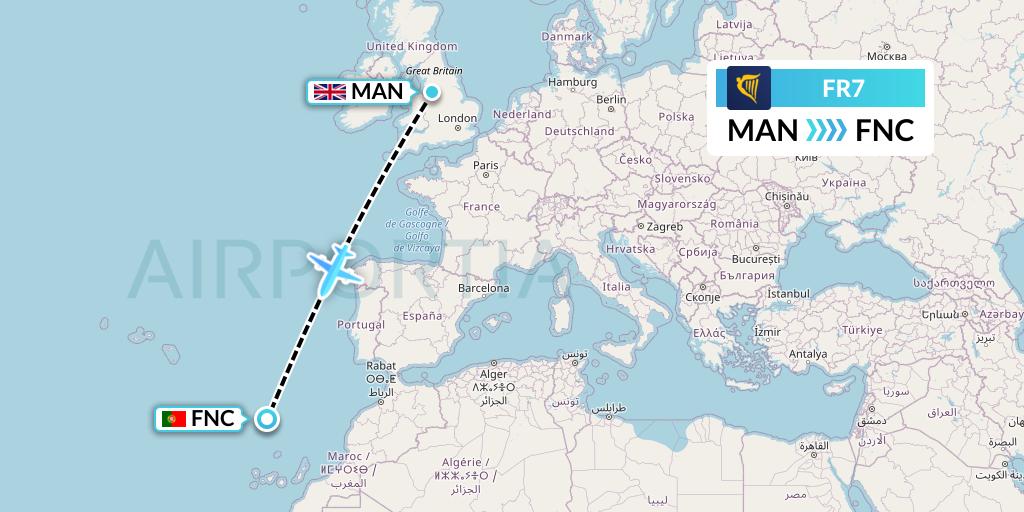 FR7 Ryanair Flight Map: Manchester to Funchal