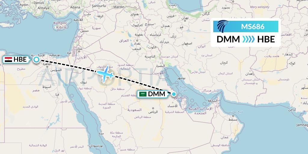 MS686 EgyptAir Flight Map: Dammam to Alexandria