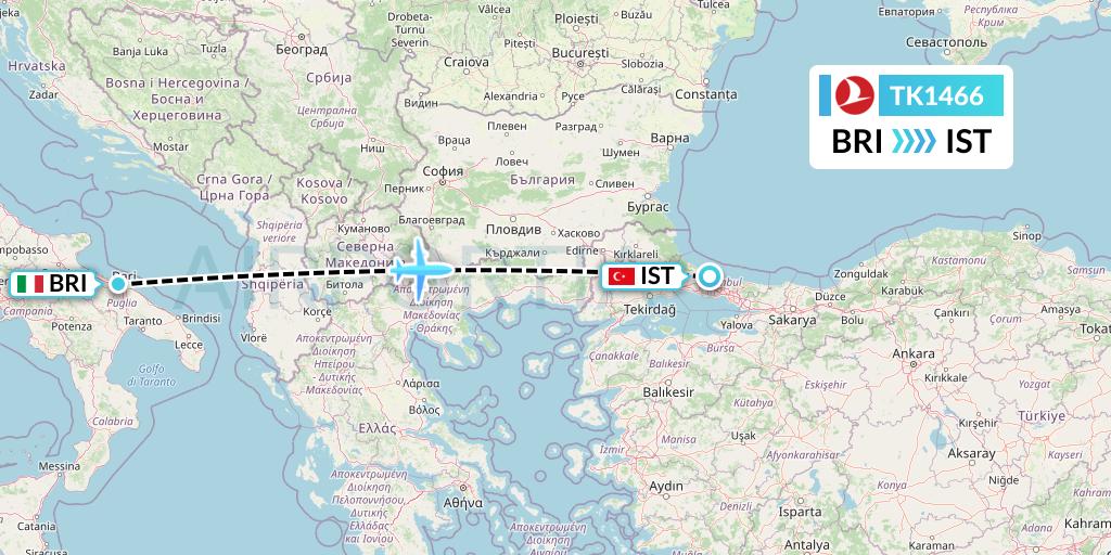 TK1466 Turkish Airlines Flight Map: Bari to Istanbul