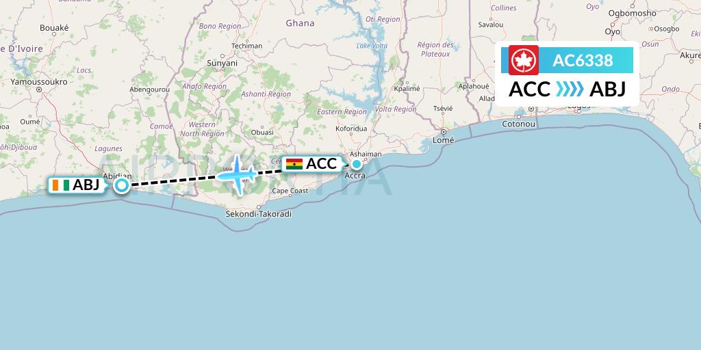 AC6338 Air Canada Flight Map: Accra to Abidjan