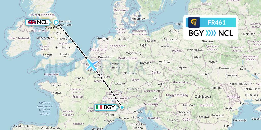 FR461 Ryanair Flight Map: Milan to Newcastle