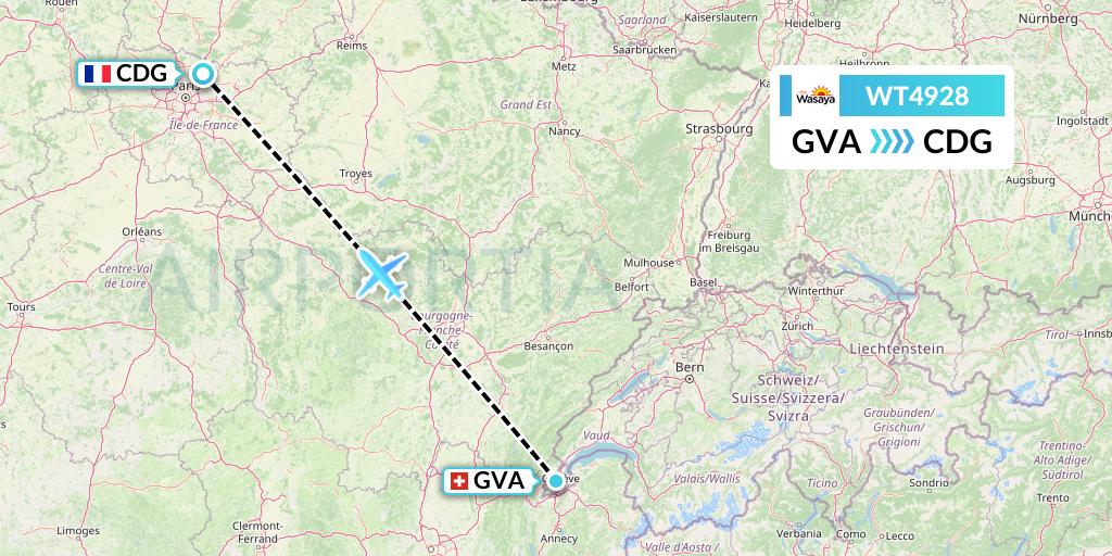 WT4928 Swiftair Flight Map: Geneva to Paris