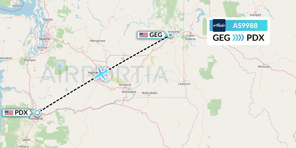 AS9988 Alaska Airlines Flight Map: Spokane to Portland