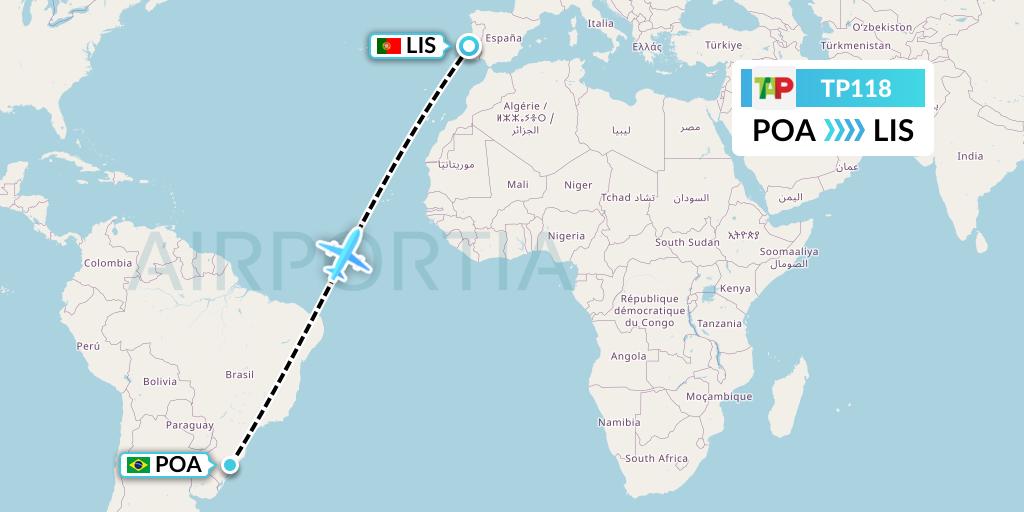 TP118 TAP Portugal Flight Map: Porto Alegre to Lisbon