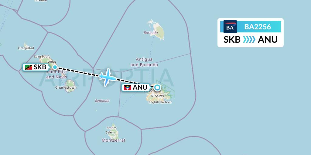 BA2256 British Airways Flight Map: Basseterre to Antigua