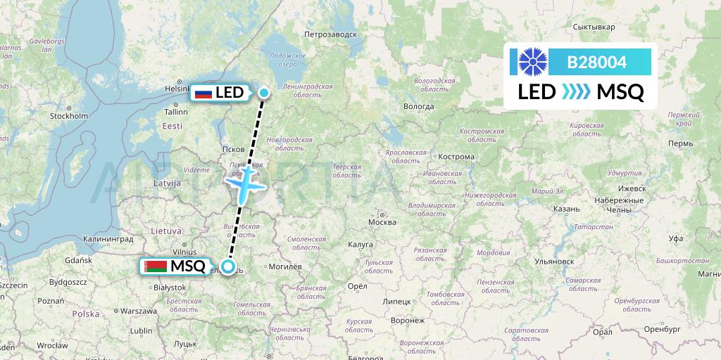 B28004 Belavia Flight Map: St. Petersburg to Minsk