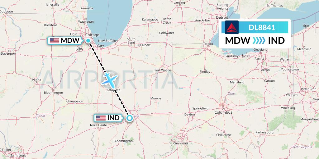 DL8841 Delta Air Lines Flight Map: Chicago to Indianapolis