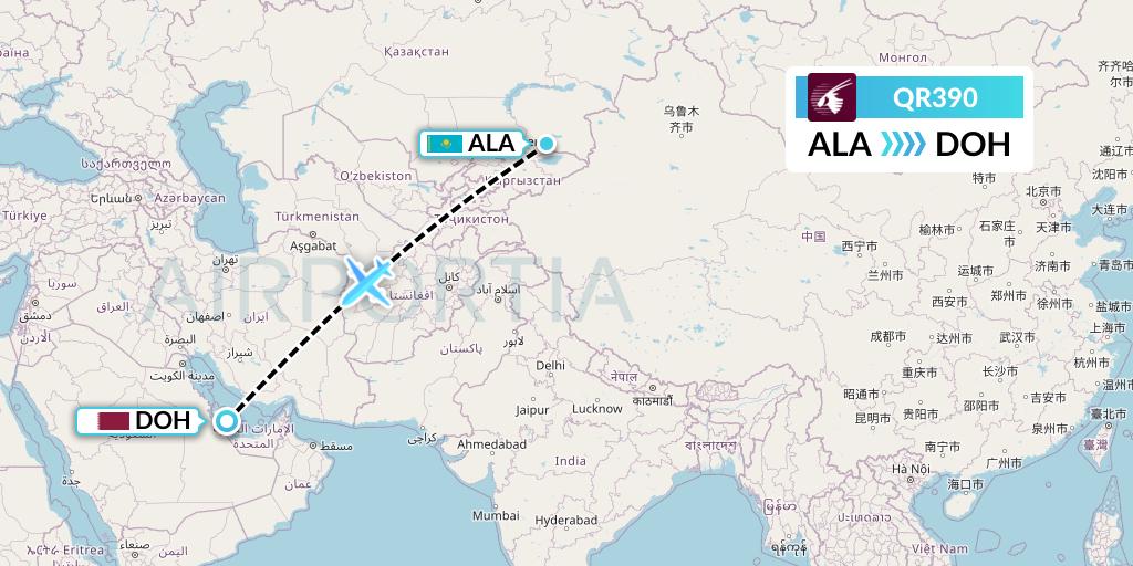 QR390 Qatar Airways Flight Map: Almaty to Doha
