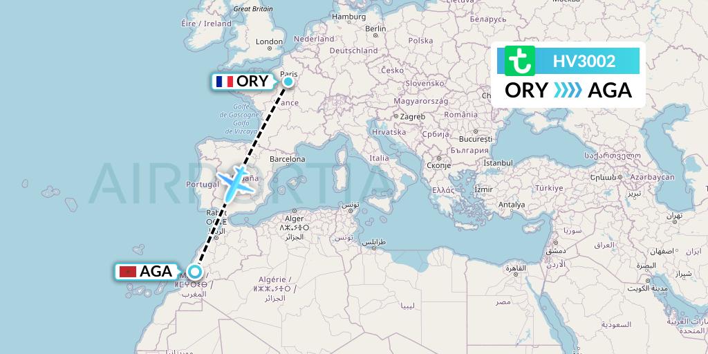 HV3002 Transavia Flight Map: Paris to Agadir
