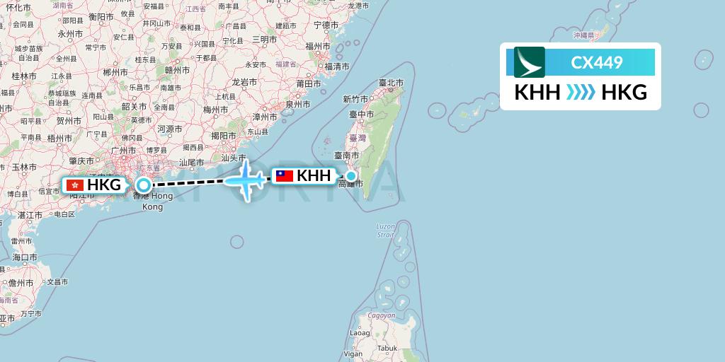 CX449 Cathay Pacific Flight Map: Kaohsiung to Hong Kong