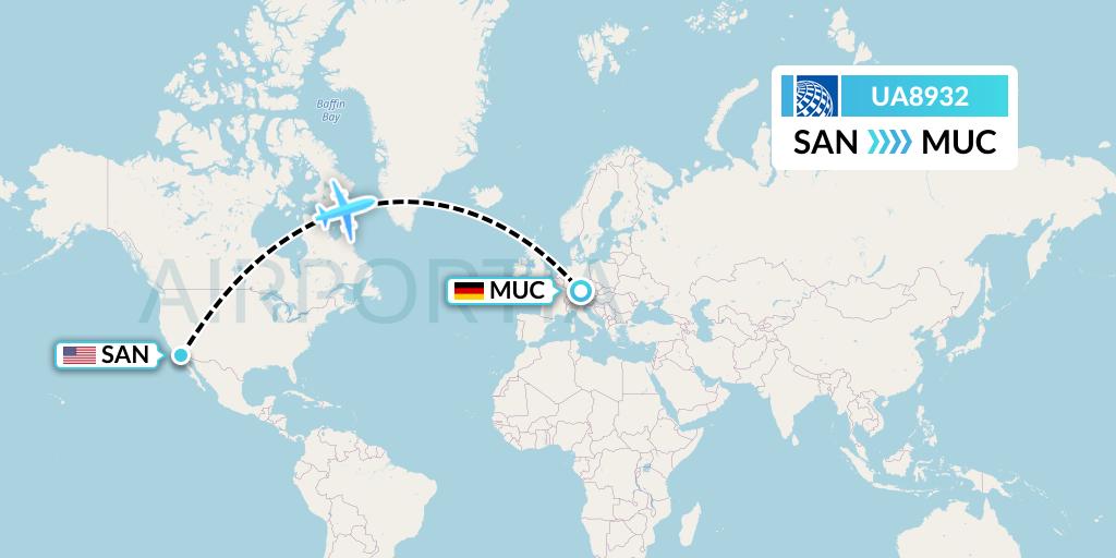 UA8932 United Airlines Flight Map: San Diego to Munich