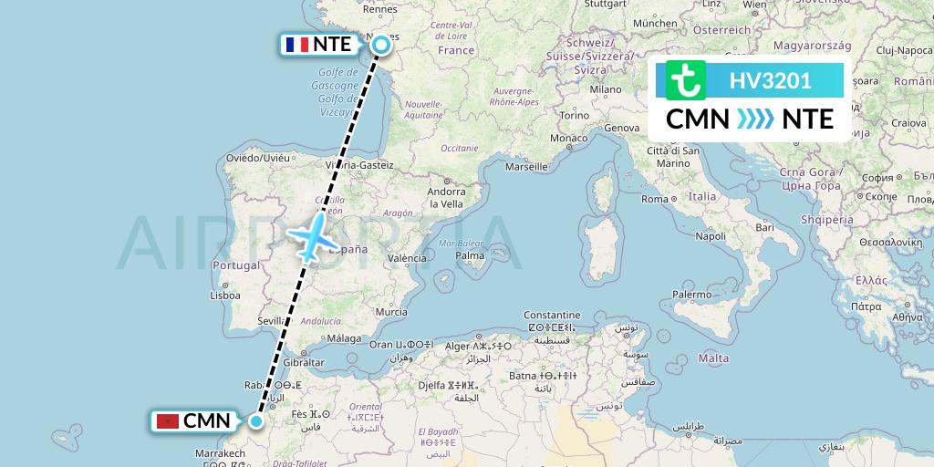 HV3201 Transavia Flight Map: Casablanca to Nantes