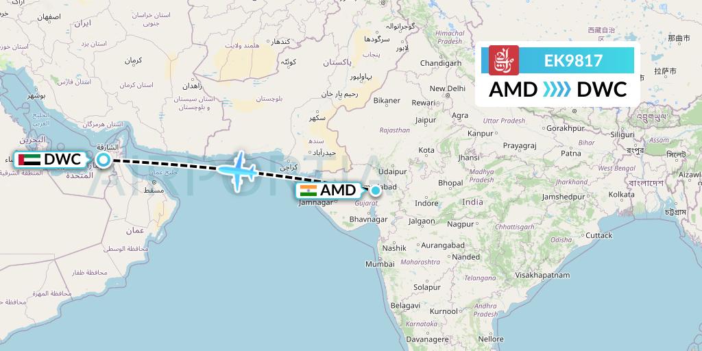 EK9817 Emirates Flight Map: Ahmedabad to Dubai