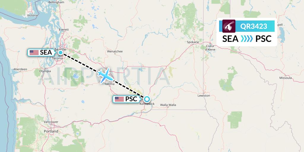 QR3423 Qatar Airways Flight Map: Seattle to Pasco