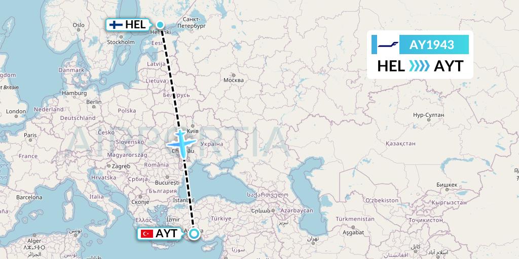 AY1943 Finnair Flight Map: Helsinki to Antalya