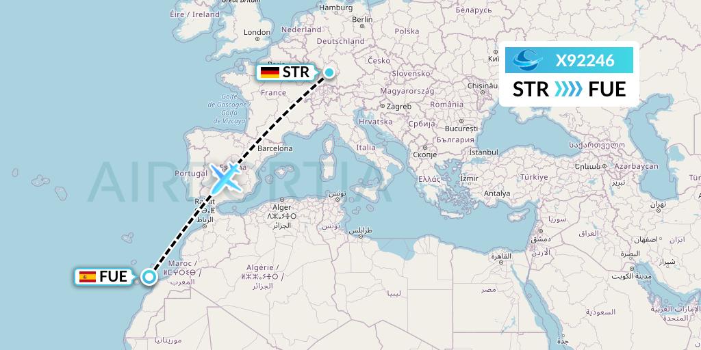 X92246 Avion Express Flight Map: Stuttgart to Fuerteventura