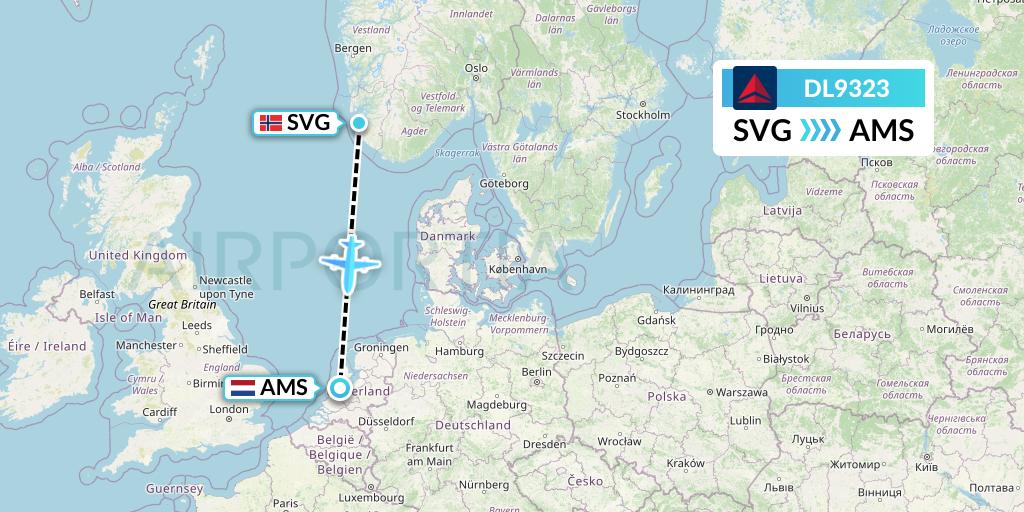 DL9323 Delta Air Lines Flight Map: Stavanger to Amsterdam