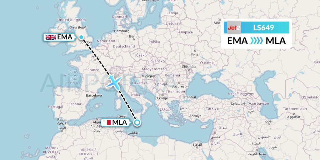 LS649 Jet2 Flight Map: East Midlands to Malta