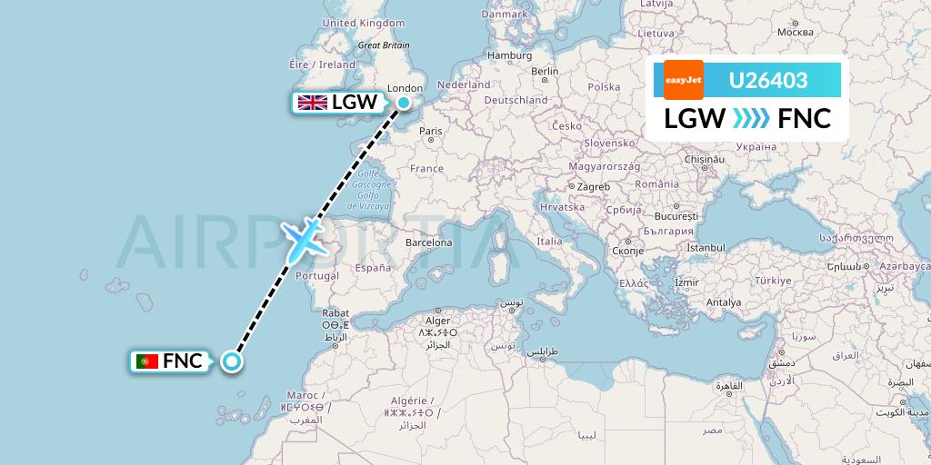 U26403 EasyJet Flight Map: London to Funchal