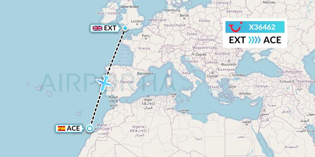 X36462 TUI fly Germany Flight Map: Exeter to Lanzarote
