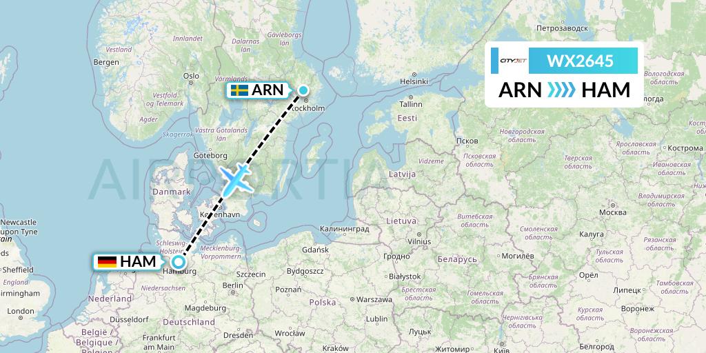 WX2645 Cityjet Flight Map: Stockholm to Hamburg