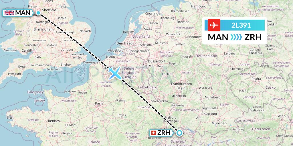 2L391 Helvetic Airways Flight Map: Manchester to Zurich