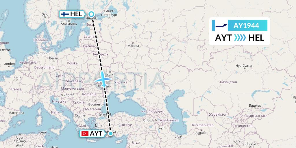 AY1944 Finnair Flight Map: Antalya to Helsinki