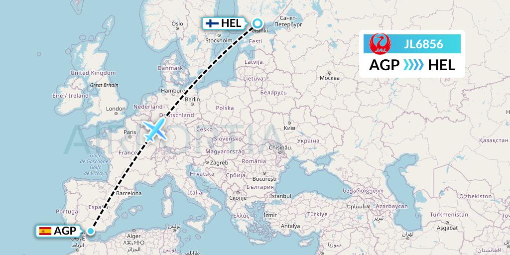 JL6856 Japan Airlines Flight Map: Malaga to Helsinki
