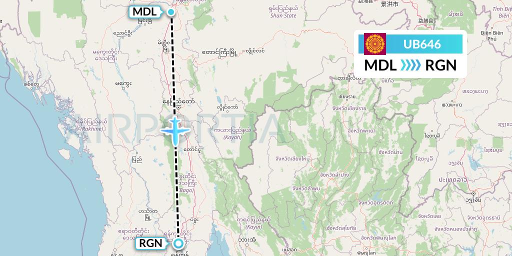 UB646 Myanmar National Airlines Flight Map: Mandalay to Yangon