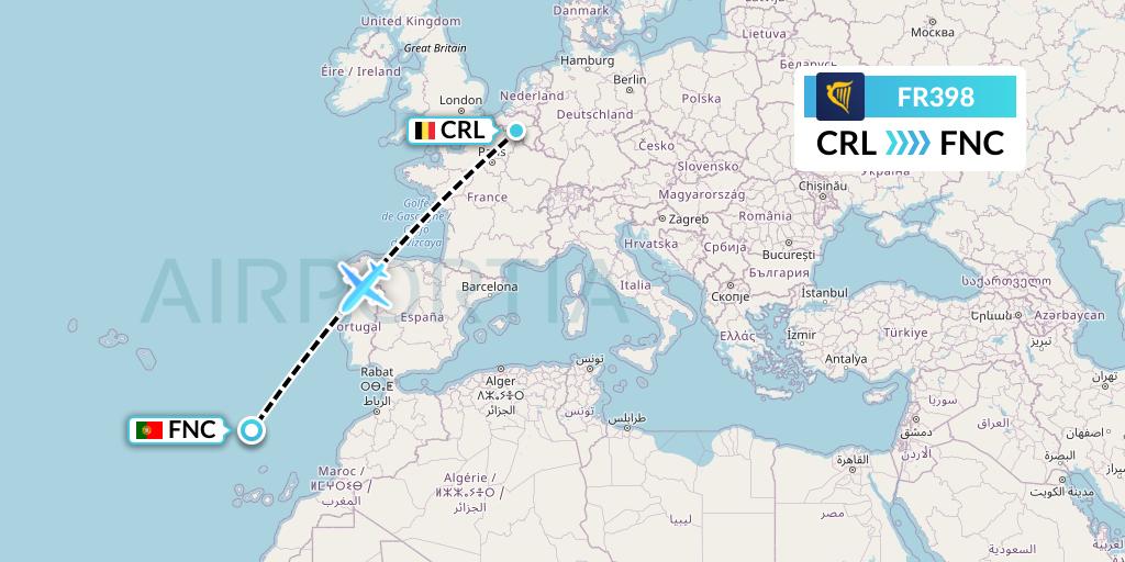 FR398 Ryanair Flight Map: Brussels to Funchal