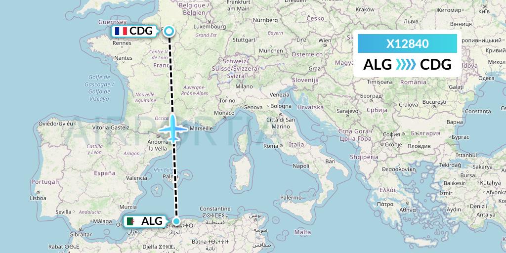 X12840 Nik Airways Flight Map: Algiers to Paris