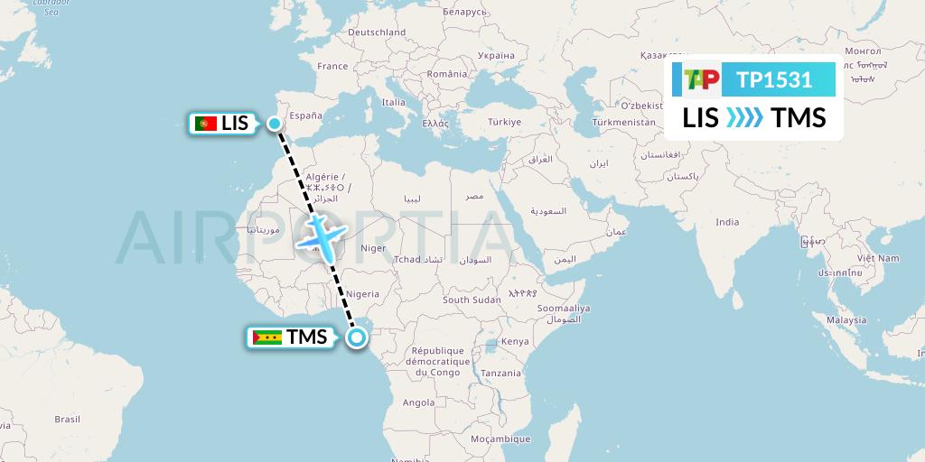 TP1531 TAP Portugal Flight Map: Lisbon to Sao Tome