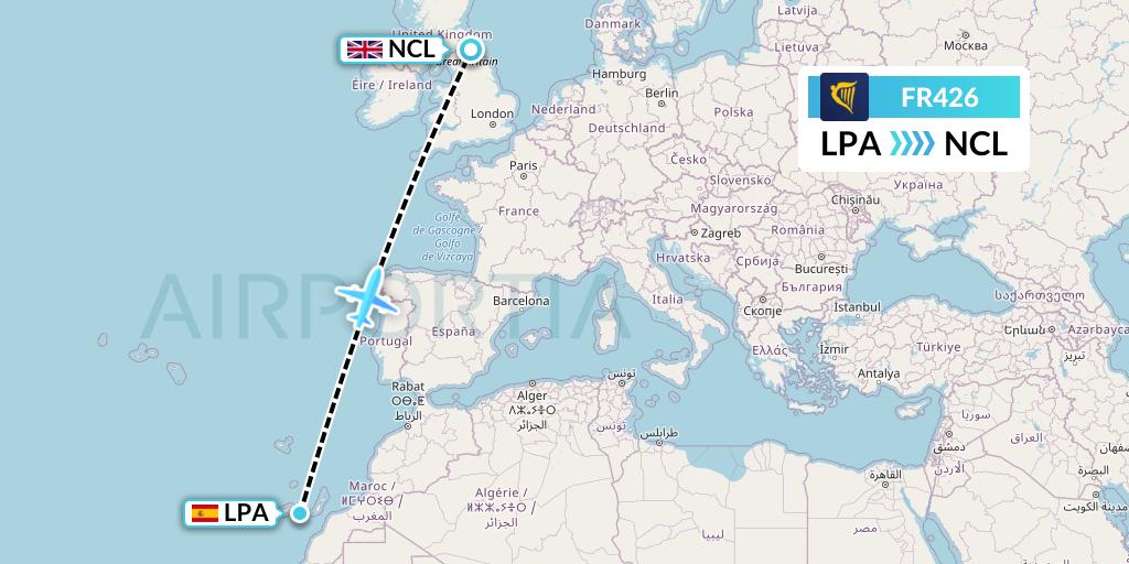 FR426 Ryanair Flight Map: Las Palmas to Newcastle