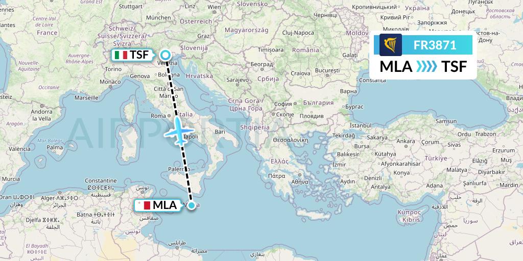 FR3871 Ryanair Flight Map: Malta to Treviso